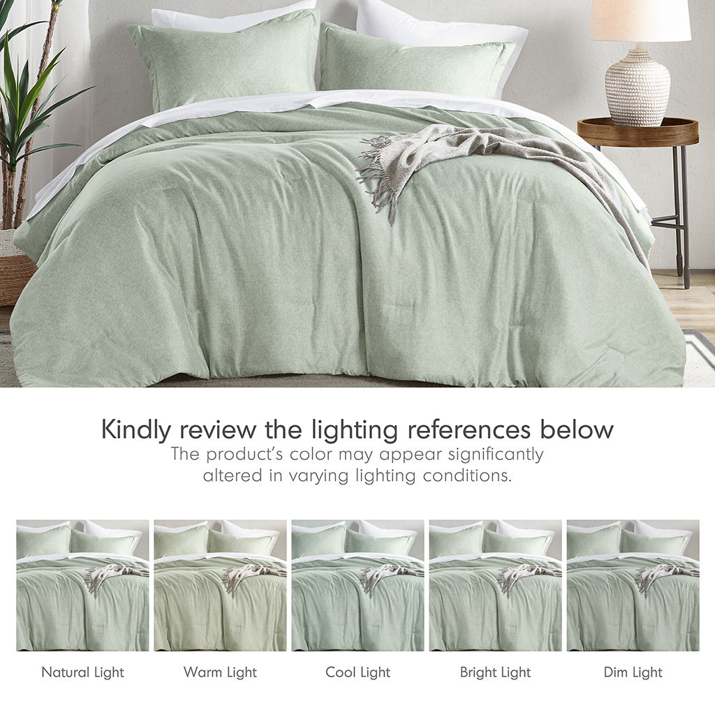 Camden - Full/Queen Chambray Print Solid Comforter Set - Sage Green