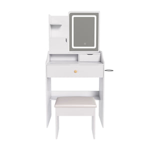 LED Vanity Mirror With Stool, 2 Drawers & 5 Storage Cabinets, Adjustable Lighting Mdf Dressing Table For Bedroom - White