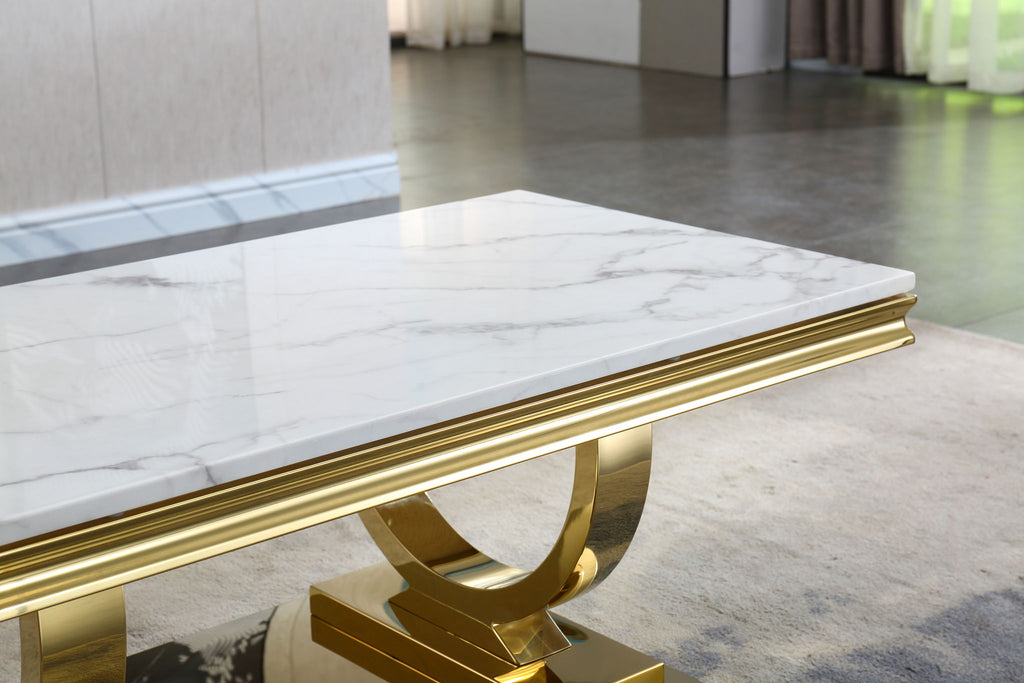 Modern Rectangular Marble Printing Coffee Table, U-Shape Stainless Steel Base With Mirrored Finish