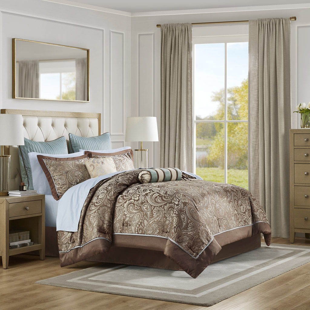 Aubrey - Queen 12 Piece Complete Bed Set - Blue / Brown