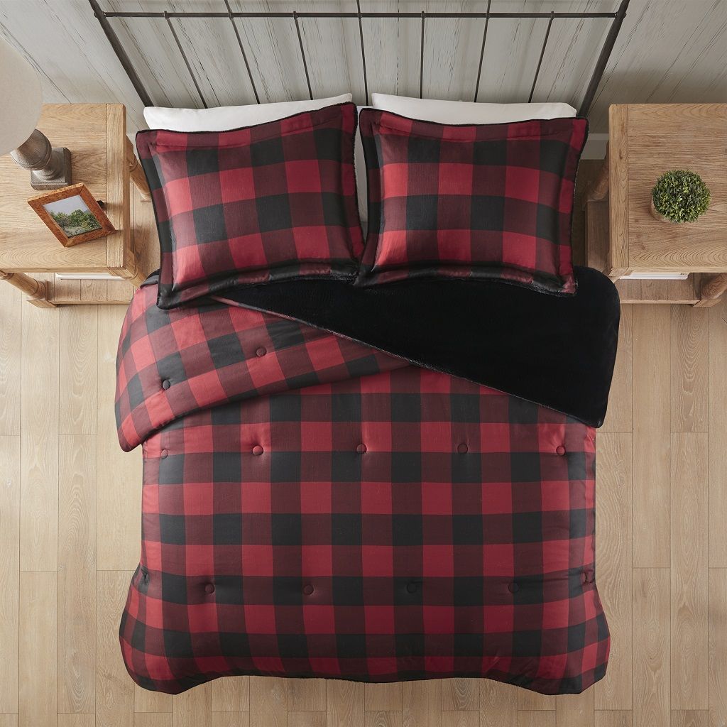 Bernston - Faux Wool to Faux Fur Down Alternative Queen Comforter Set - Red Buffalo Check