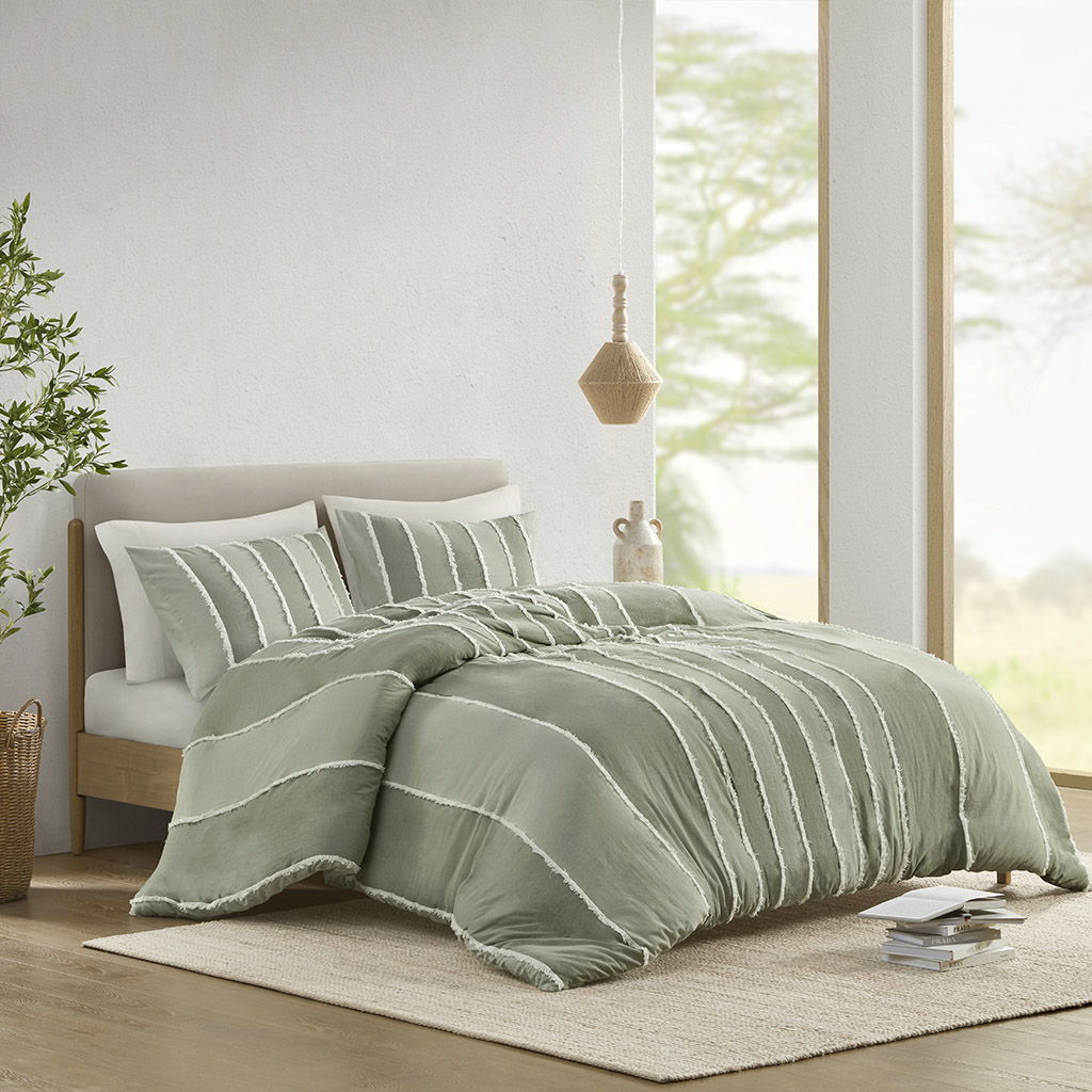 Shay - 3 Piece Striped Cotton Duvet Cover Set - Sage