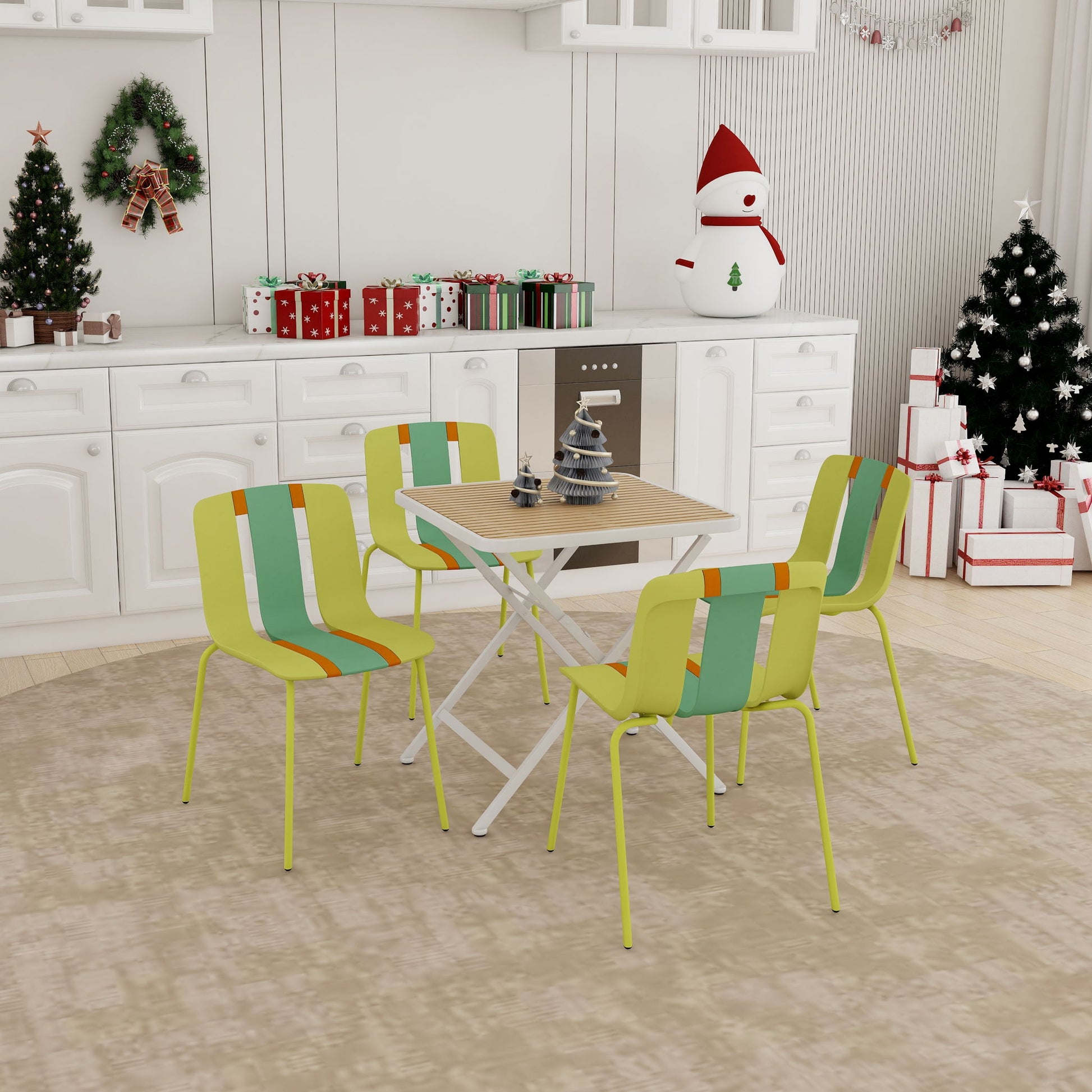 4 Piece Set Of Modern Striped Single Chairs With Folding Square Table