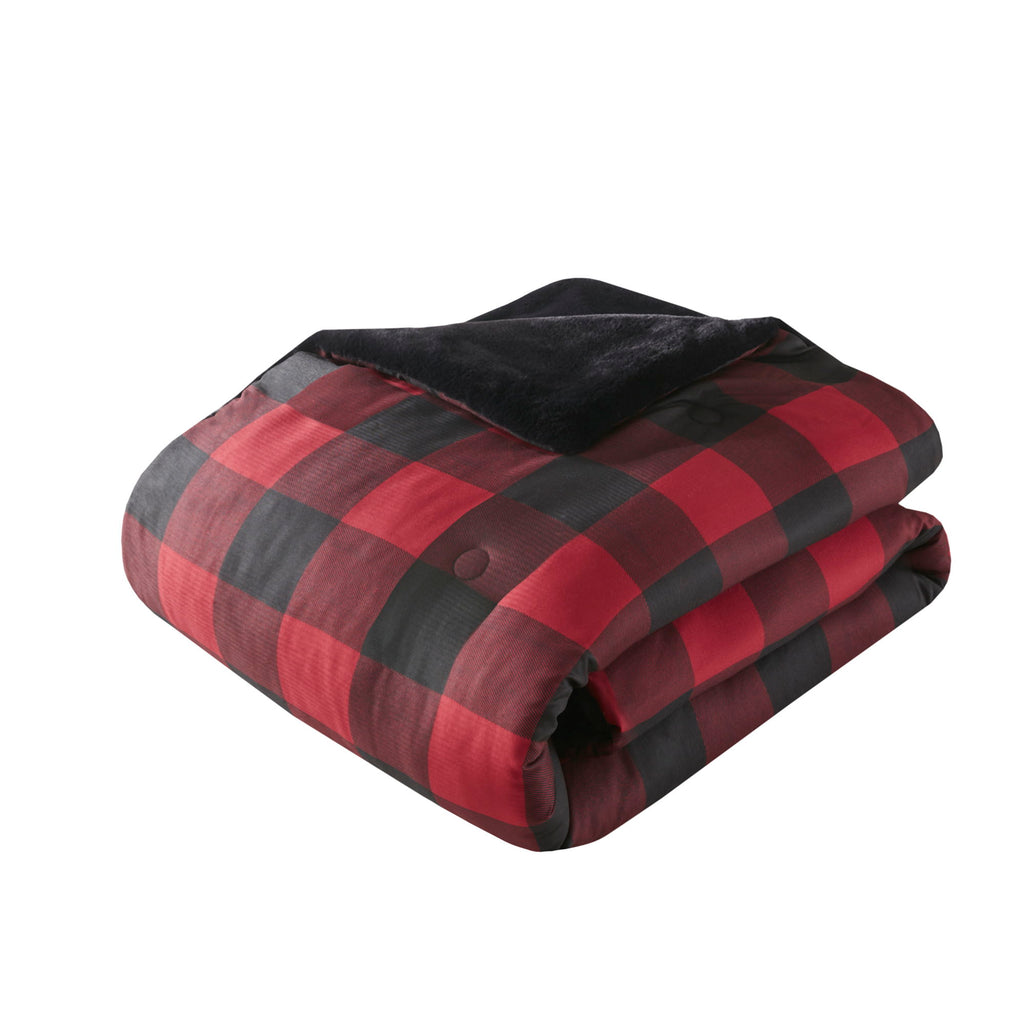 Bernston - Faux Wool to Faux Fur Down Alternative Queen Comforter Set - Red Buffalo Check