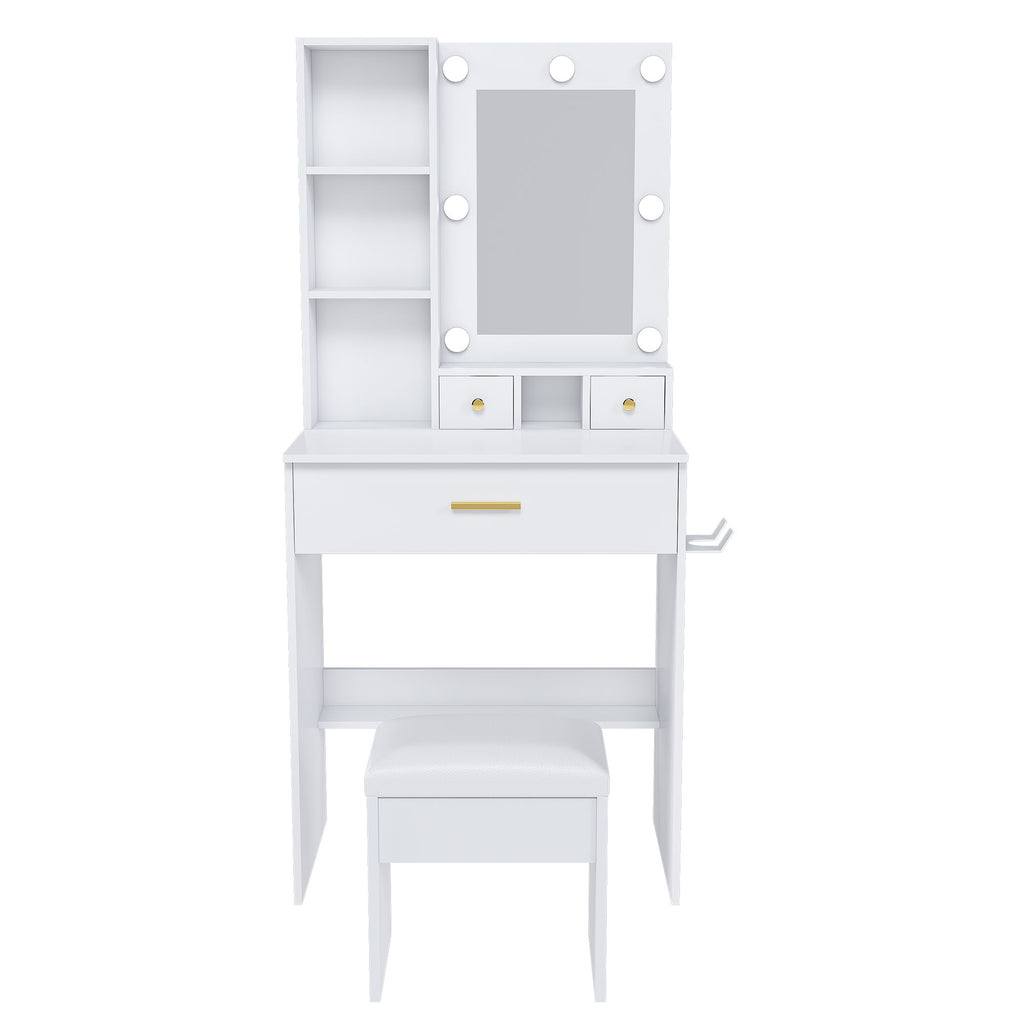 Vanity Table With Mirror, Adjustable LED Lights, Power Outlet, Hairdryer Holder & Stool