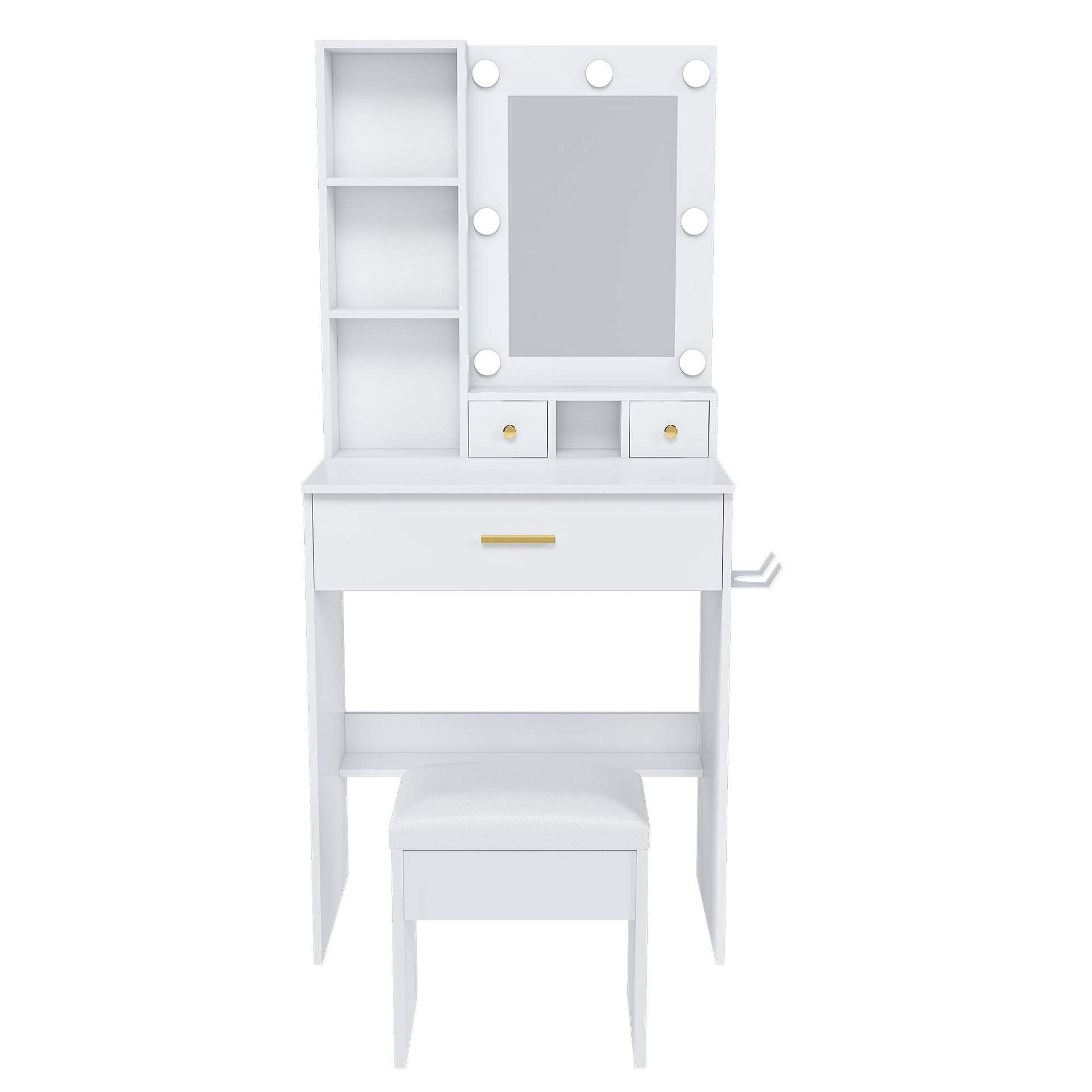 Vanity Table With Mirror, Adjustable LED Lights, Power Outlet, Hairdryer Holder & Stool