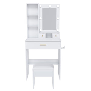 Vanity Table With Mirror, Adjustable LED Lights, Power Outlet, Hairdryer Holder & Stool