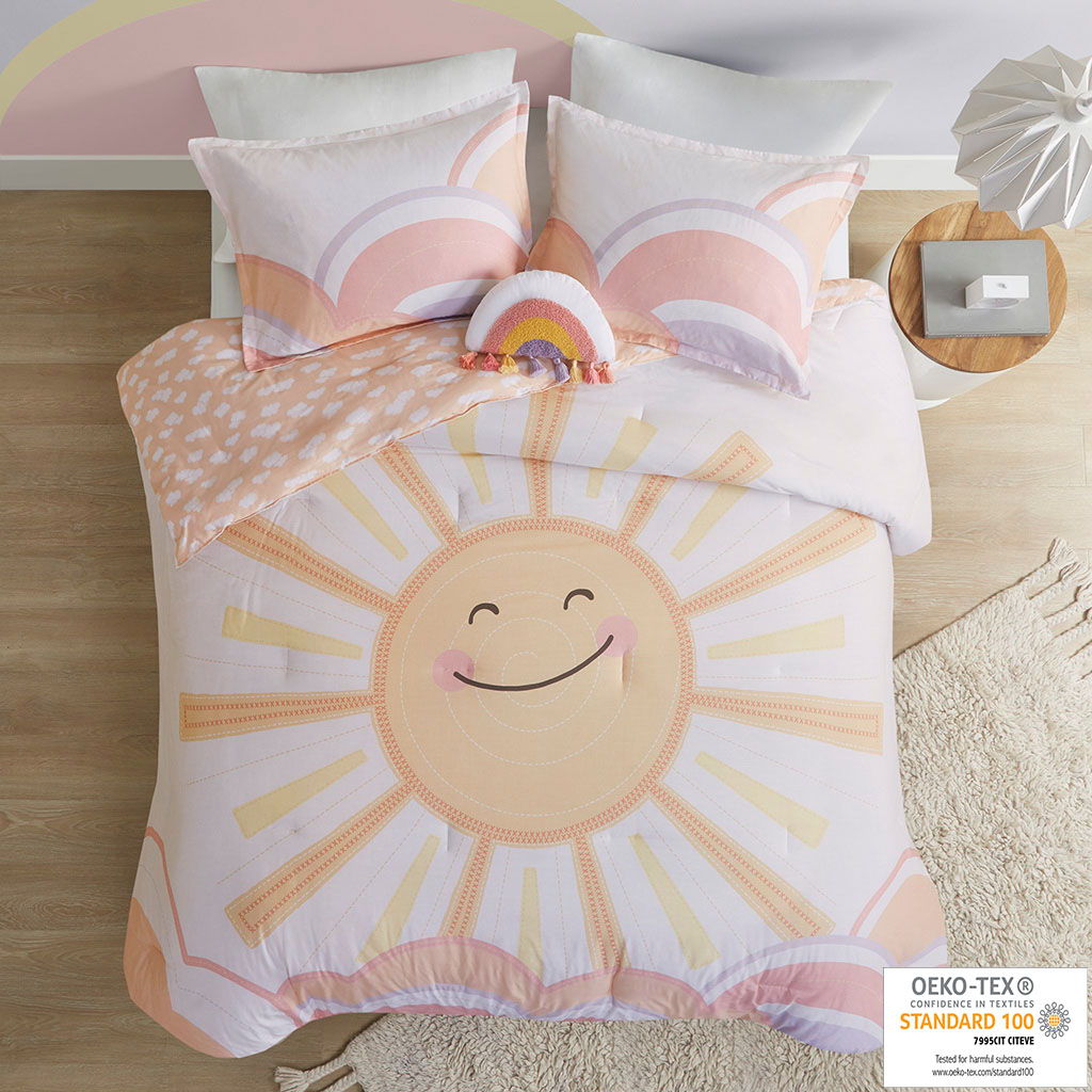 Dawn - Sunshine Printed Reversible Comforter Set - Yellow / Coral