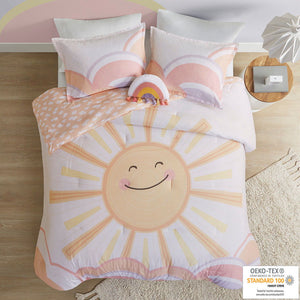 Dawn - Twin Sunshine Printed Reversible Comforter Set - Yellow / Coral