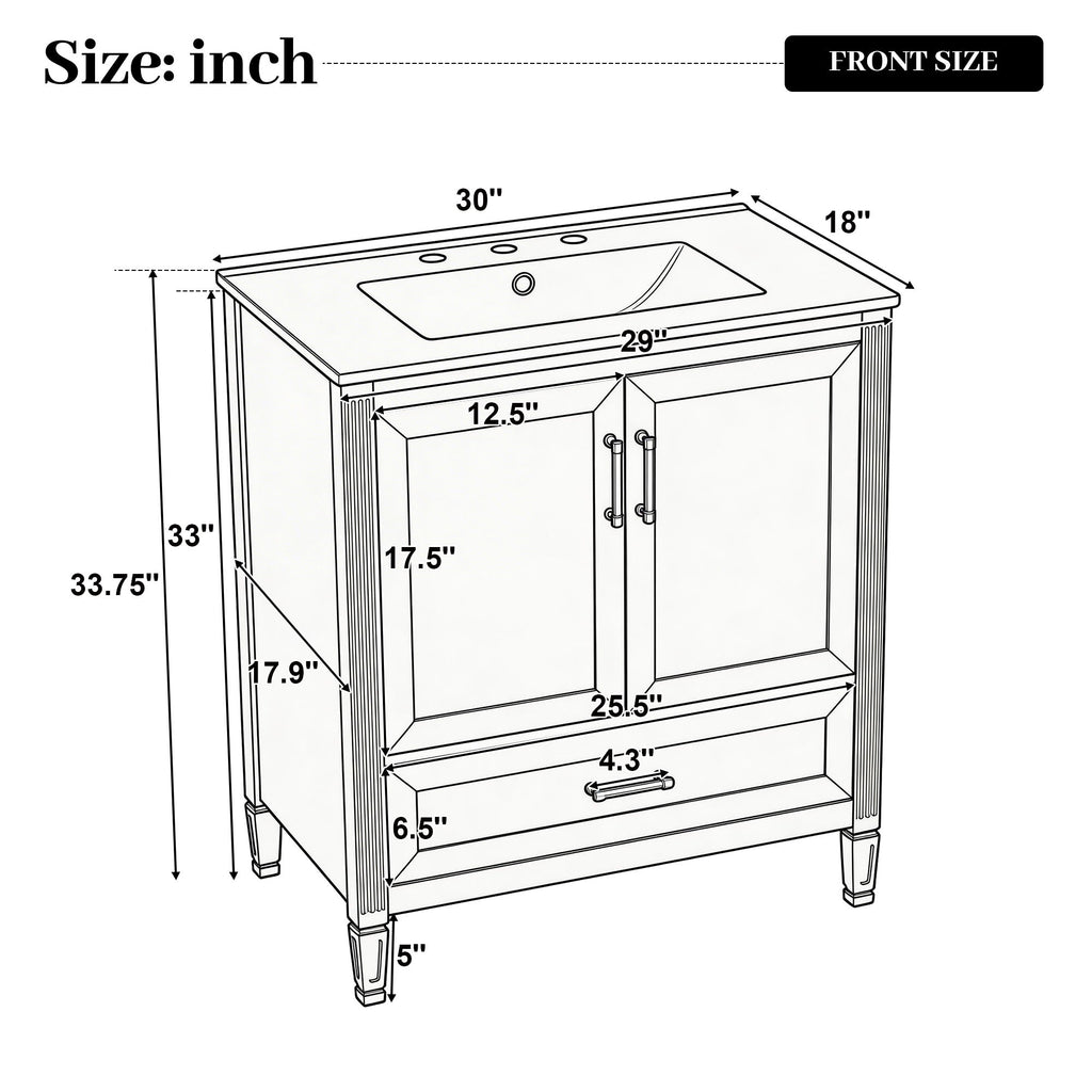 Elegant Fluted Bathroom Vanity With Sink, Soft Close Doors & Drawer