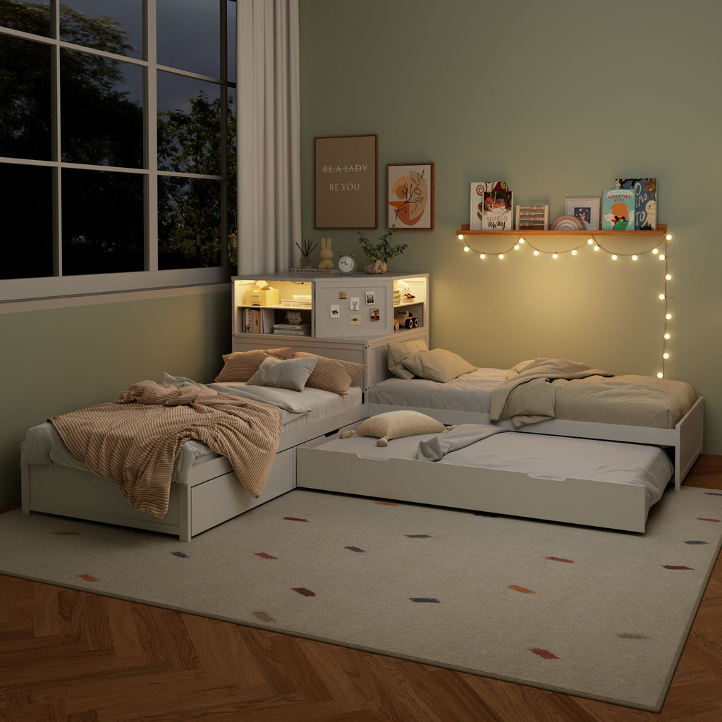 L-Shaped Bed Frame With Trundle, Built In Desk & LED Lighting