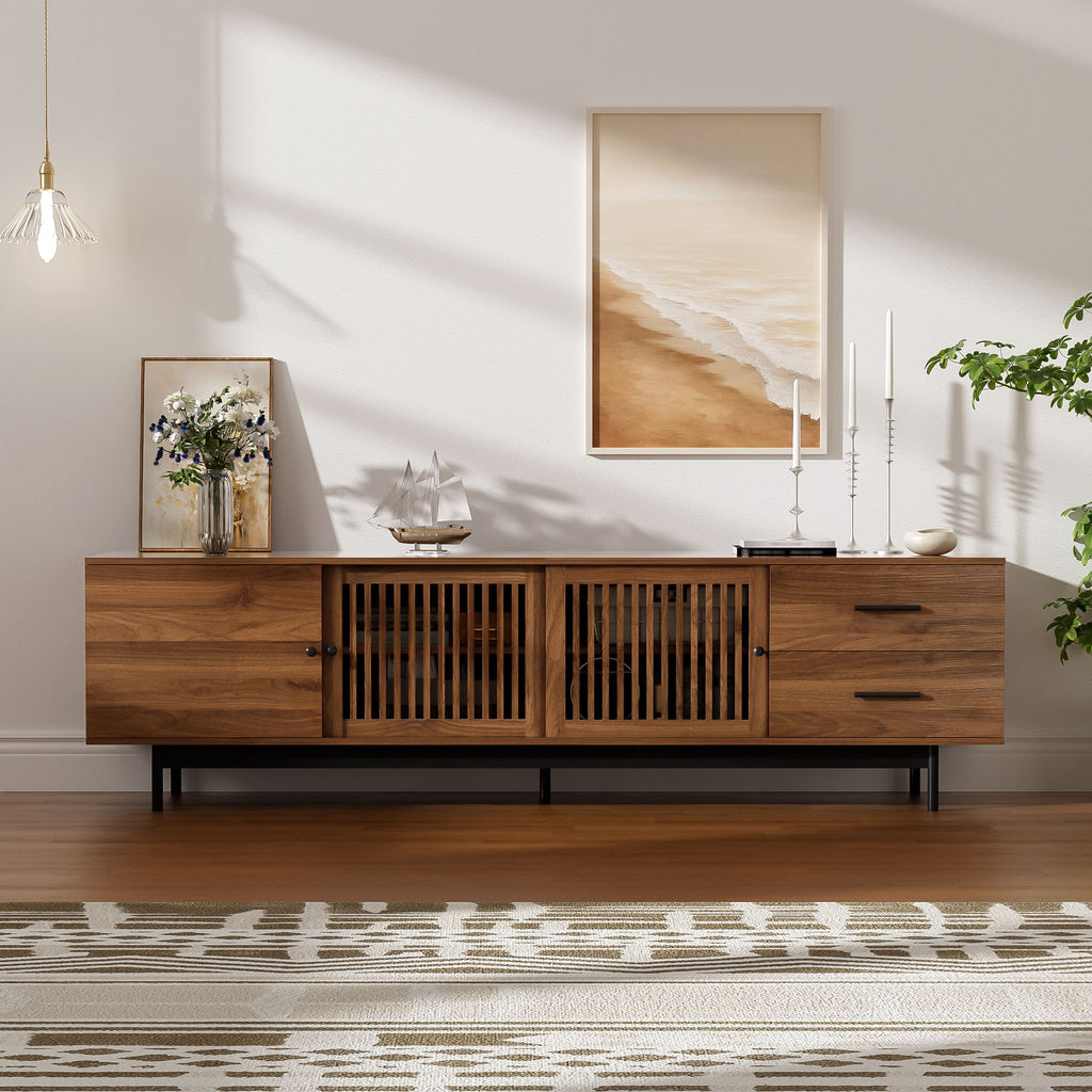 TV Stand, Media Console With 2 Drawers, Soft Closing Hinges, Adjustable Shelves, Slatted Design - Walnut