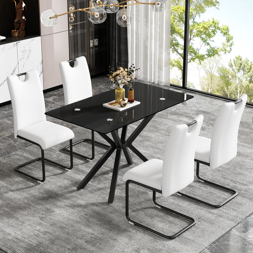 Rectangular Black Tempered Glass Dining Table, Stylish Design & Chrome Plated Metal Legs, Dining Table For Dining Room - Black