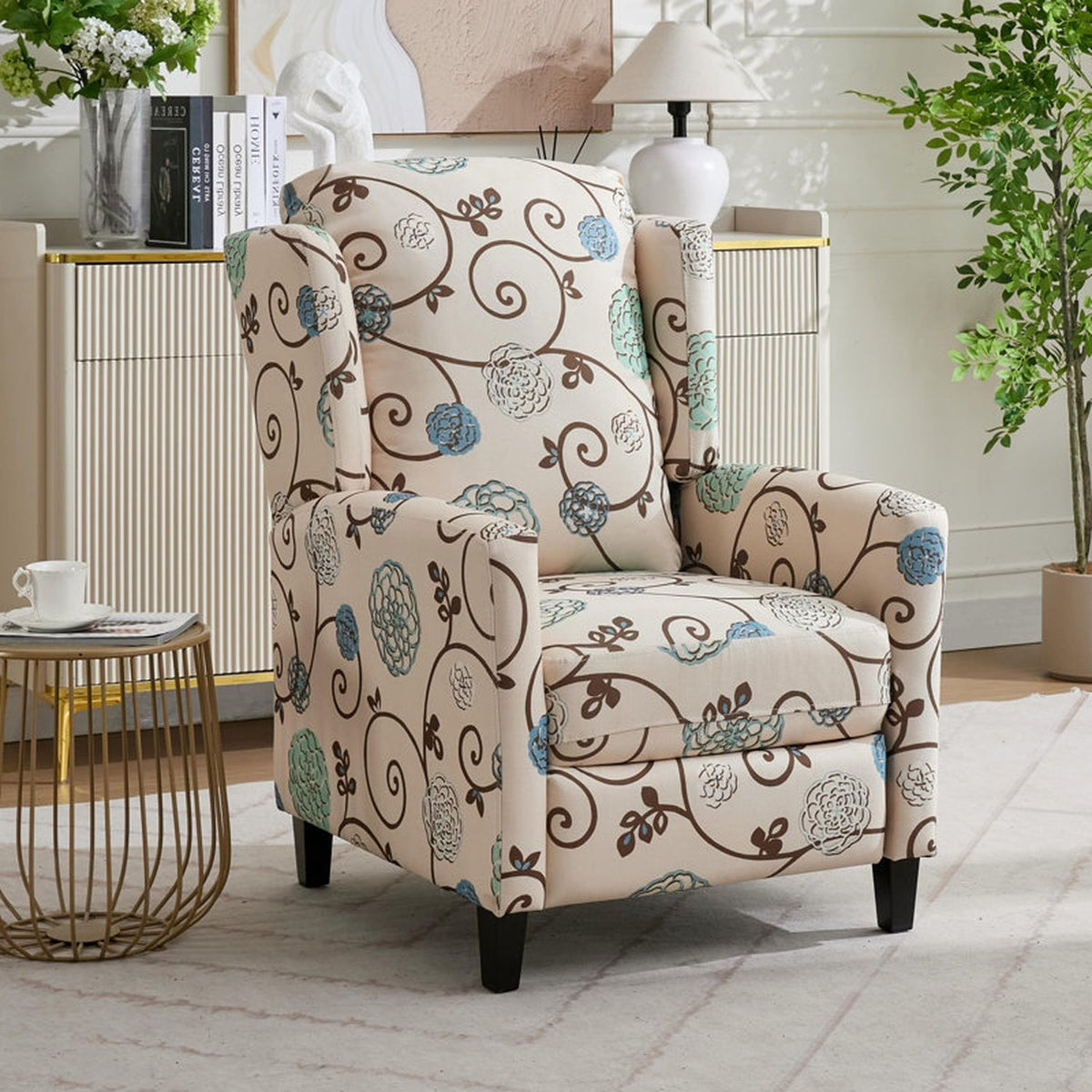 Wingback Recliner Chair With Padded Arms - Beige