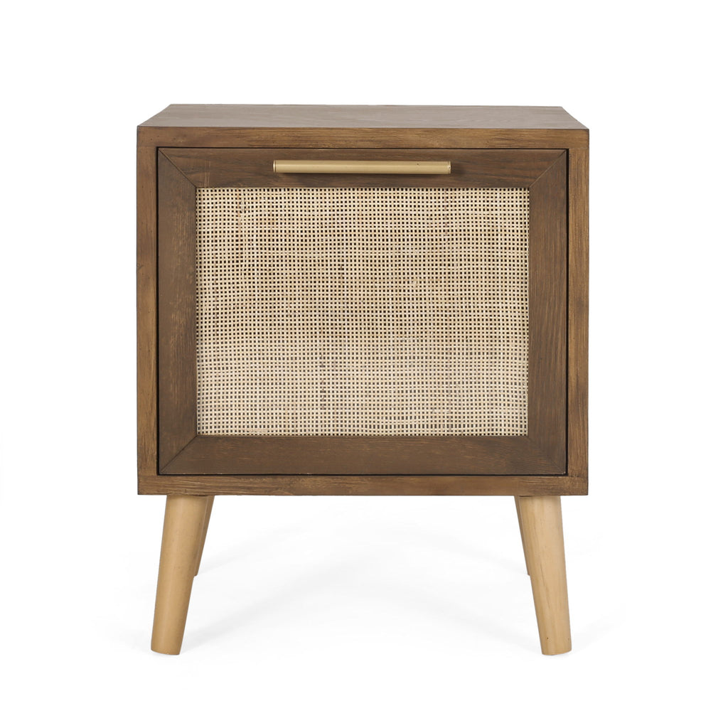 Contemporary End Table With Rattan - Walnut