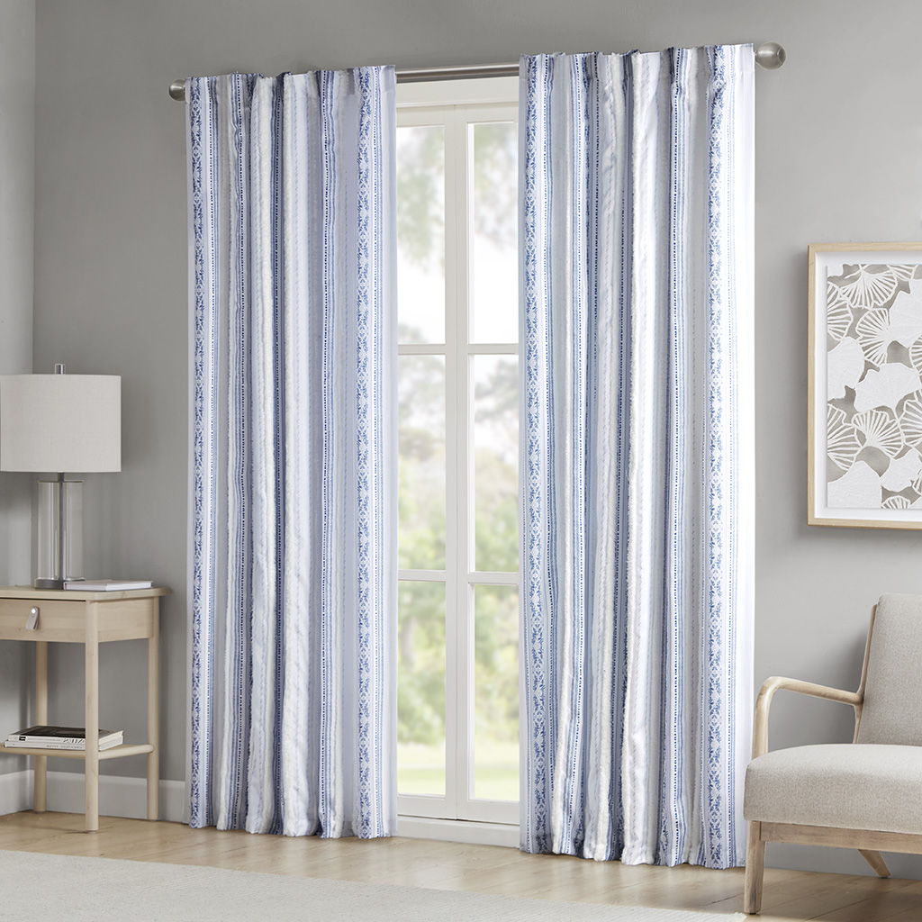 Veronica - 50x84" Poly Printed Curtain Panel With Tufted Stripe And Lining - White/Navy