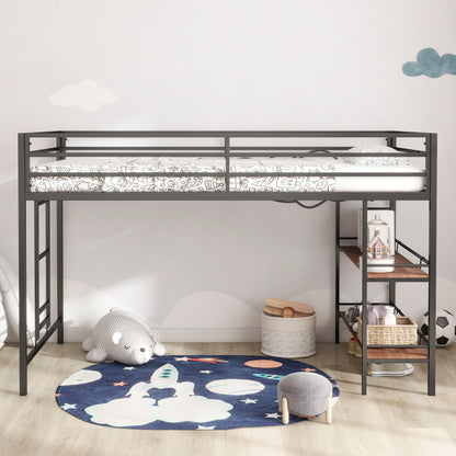 Adam - Junior Twin Loft Bunk Bed - Black With Cinnamon Wood Shelf