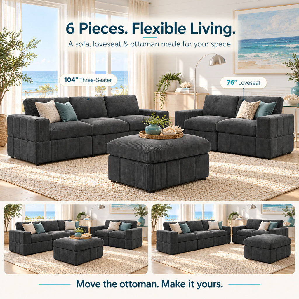 Oversized Modular Sectional Sofa Set With Loveseat & Ottoman, 6 Piece Living Room Furniture - Dark Gray