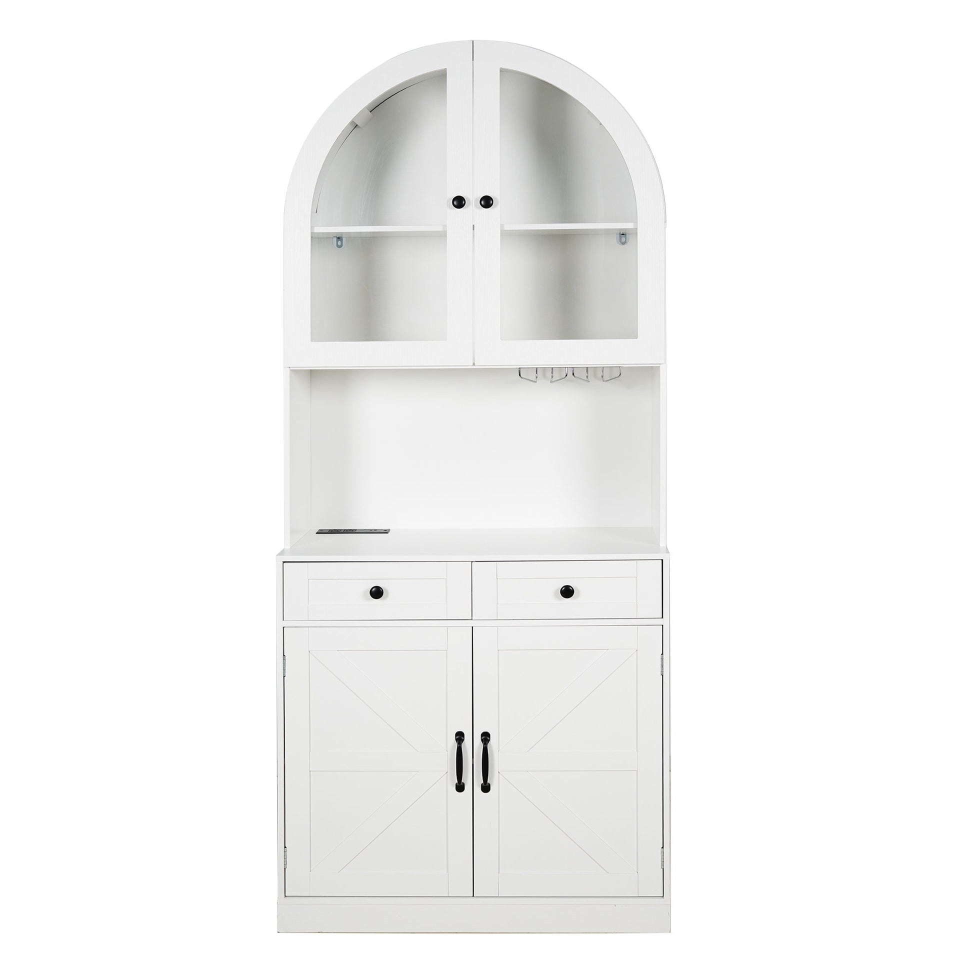 Tall Arched Pantry Cabinet With Charging Station, Adjustable Shelves, Coffee Bar