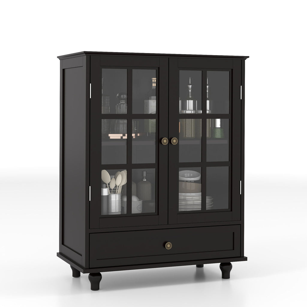 Minimalist Buffet Cabinet With Double Glass Doors And Drawer