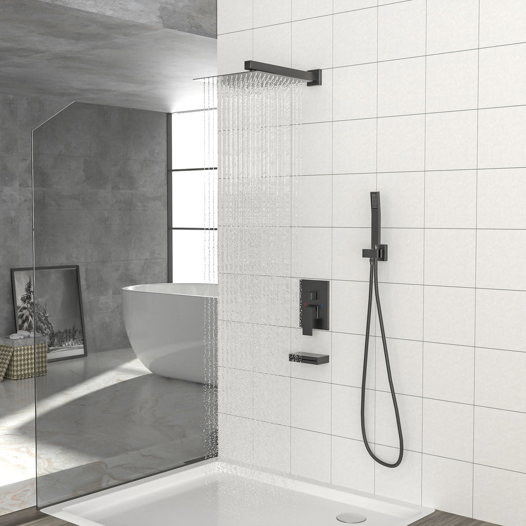 12" Ceiling Mount Square Shower System With Waterfall Tub Spout And Handheld Shower