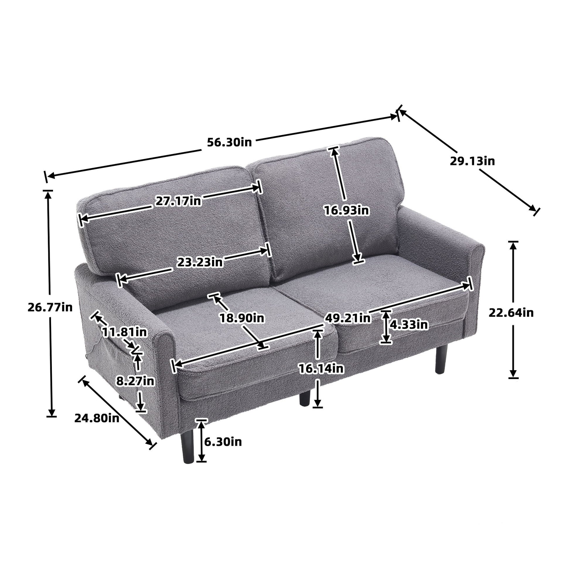 Mid Century Modern Loveseat Sofa With USB Ports, Removable Pillow Cover