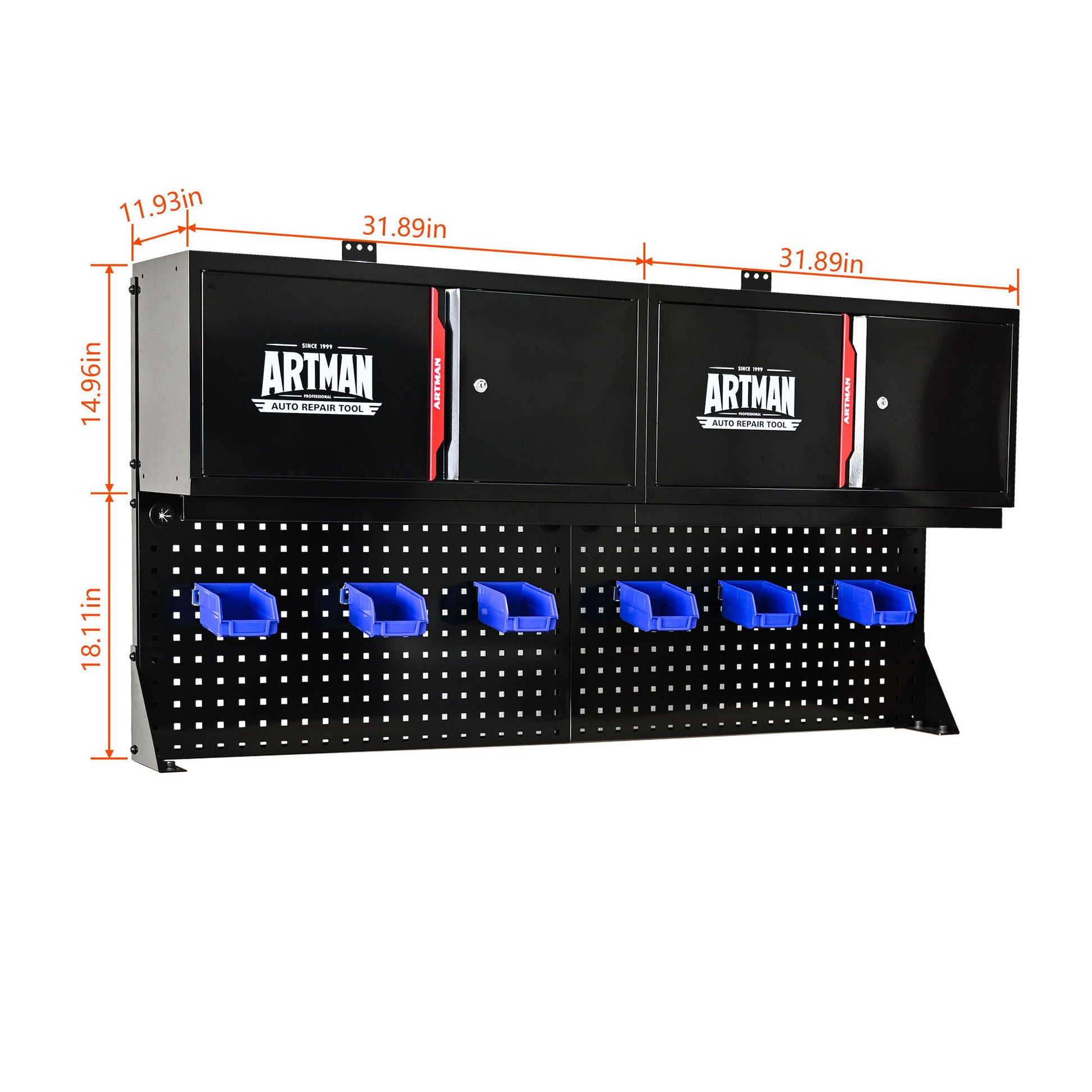 Wall Mounted Double Door Storage Cabinet With Tool Rack And Hooks, Stainless Steel - Black / Red