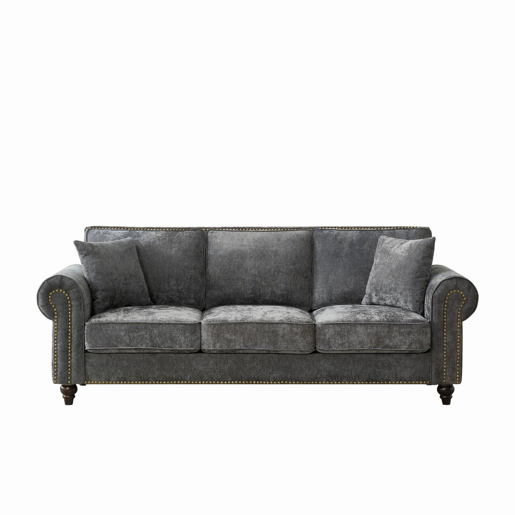 3 Seater Sofa With Tufted Upholstery, Rolled Arms, Nailhead Trim