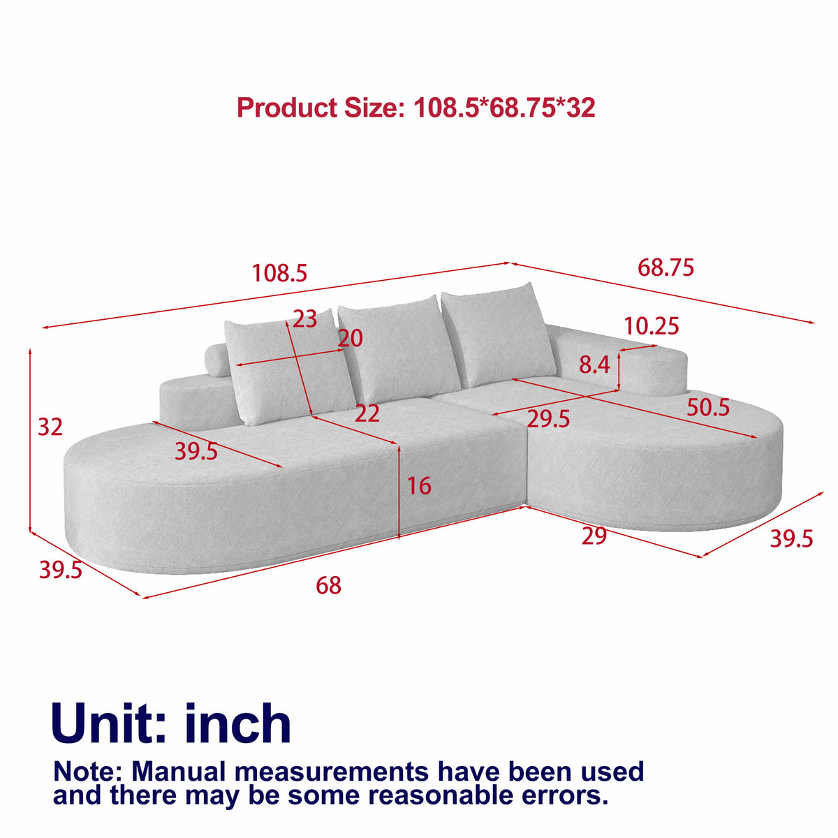 Modern Curved Sofa, L-Shaped Modular Sectional Set With 3 Pillows