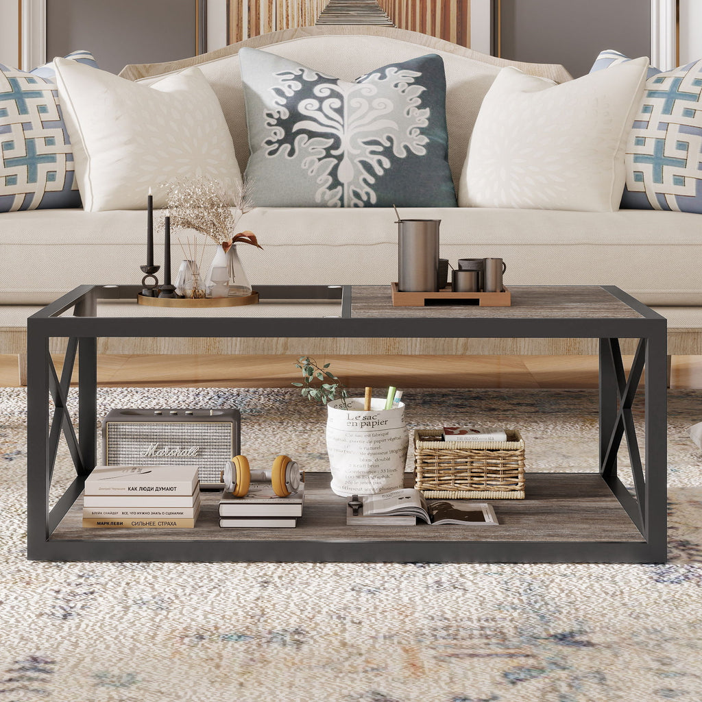 Industrial Style Coffee Table For Bedroom & Living Room With Tempered Glass & Wood Grain - Wood