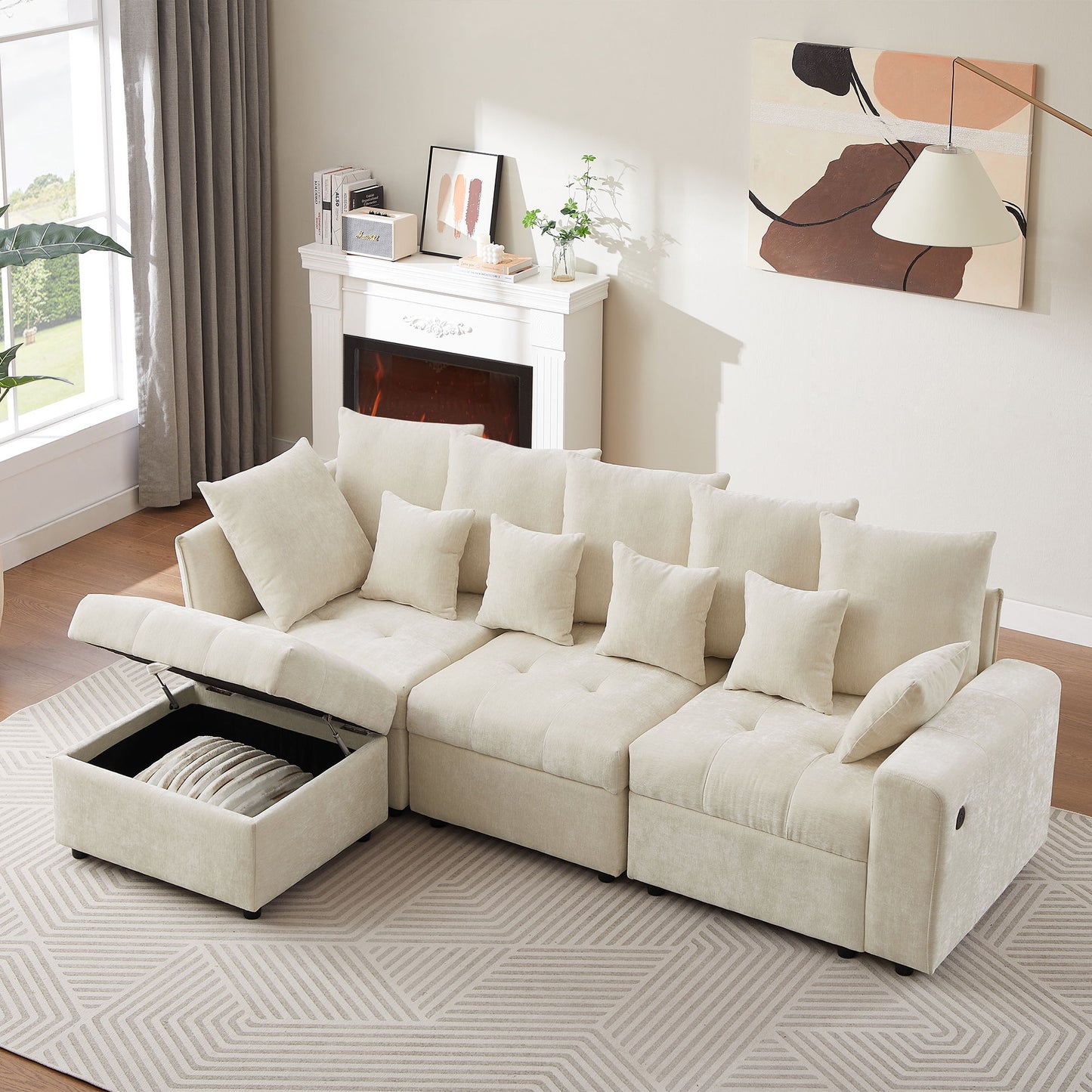 Sectional Sofa Modular Sofa Couch With Three USB Ports, A Removable Storage Ottoman And Five Back Pillows For Living Room