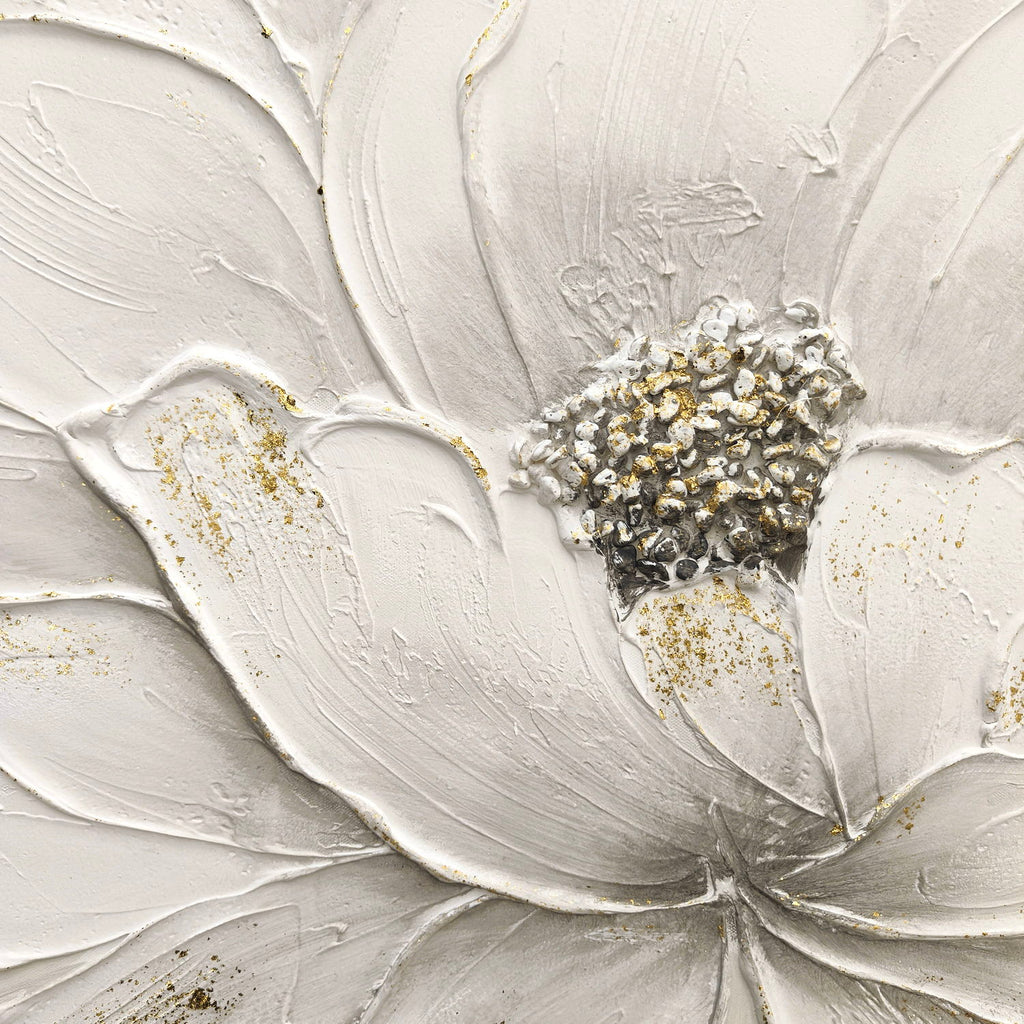 Lotus Flower Canvas Wall Art, Hand Painted Textured Floral Painting - Antique White