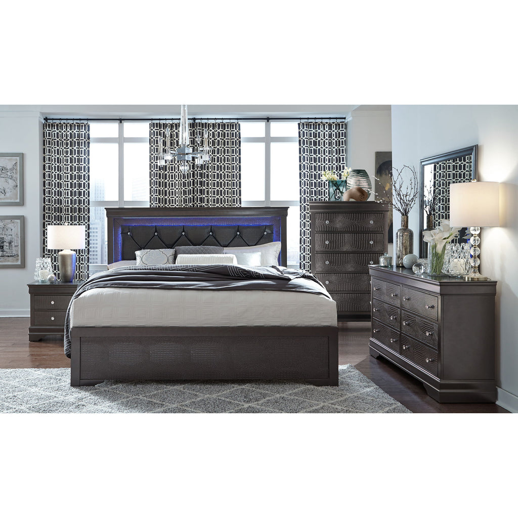 Shaker - 5 Pieces Bedroom Set With Crystal Inspired Tufted Headboard And LED Lighting