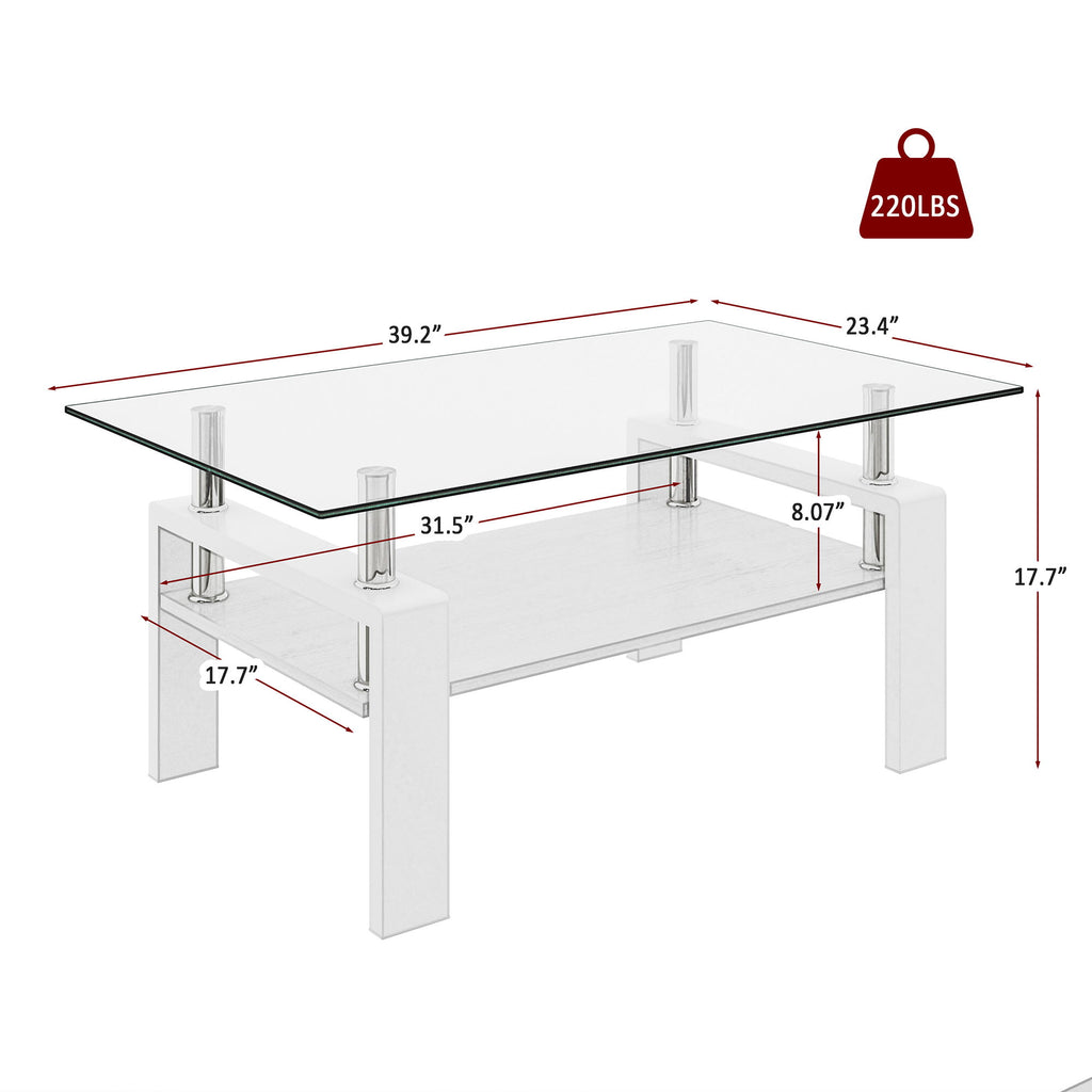 Modern Rectangular Coffee Table With Tempered Transparent Glass Top And Storage Shelf