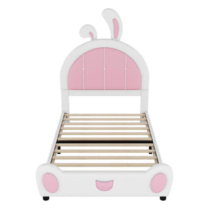 Twin Size Upholstered Platform Bed With Rabbit Shaped Headboard - White / Pink