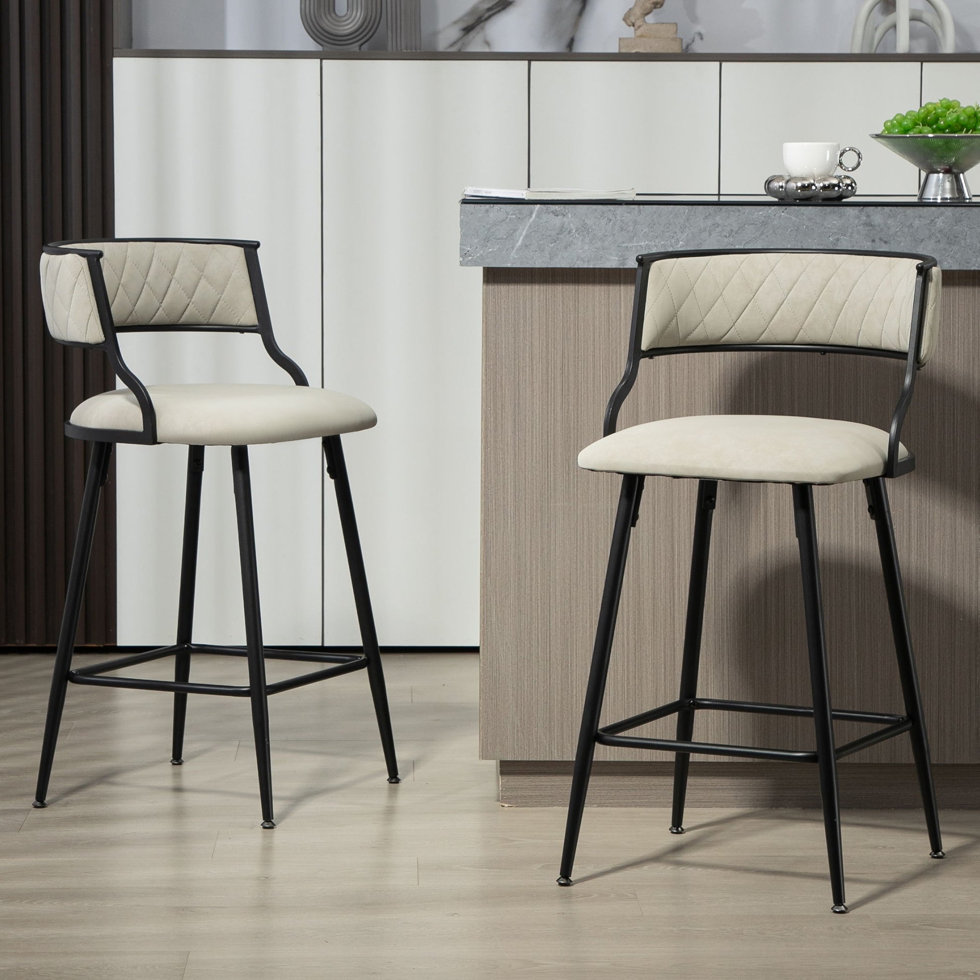 Counter Height Bar Stools With Powder Coating Base And Footrest (Set of 2) - Beige