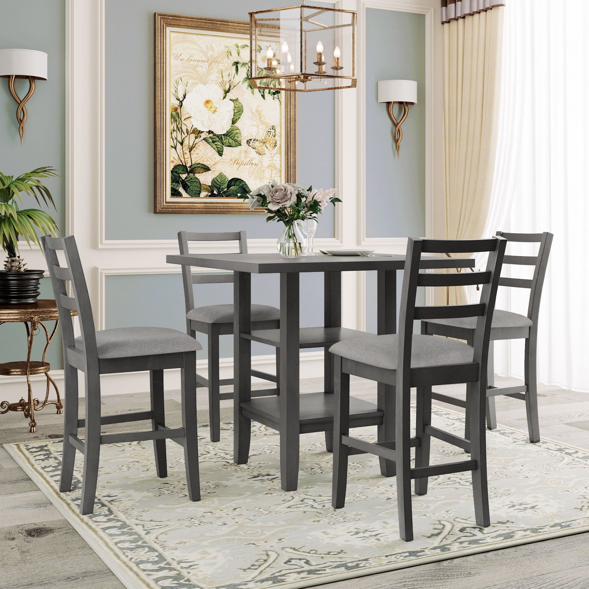 5 Piece Wooden Counter Height Dining Set With Padded Chairs, Storage Shelving