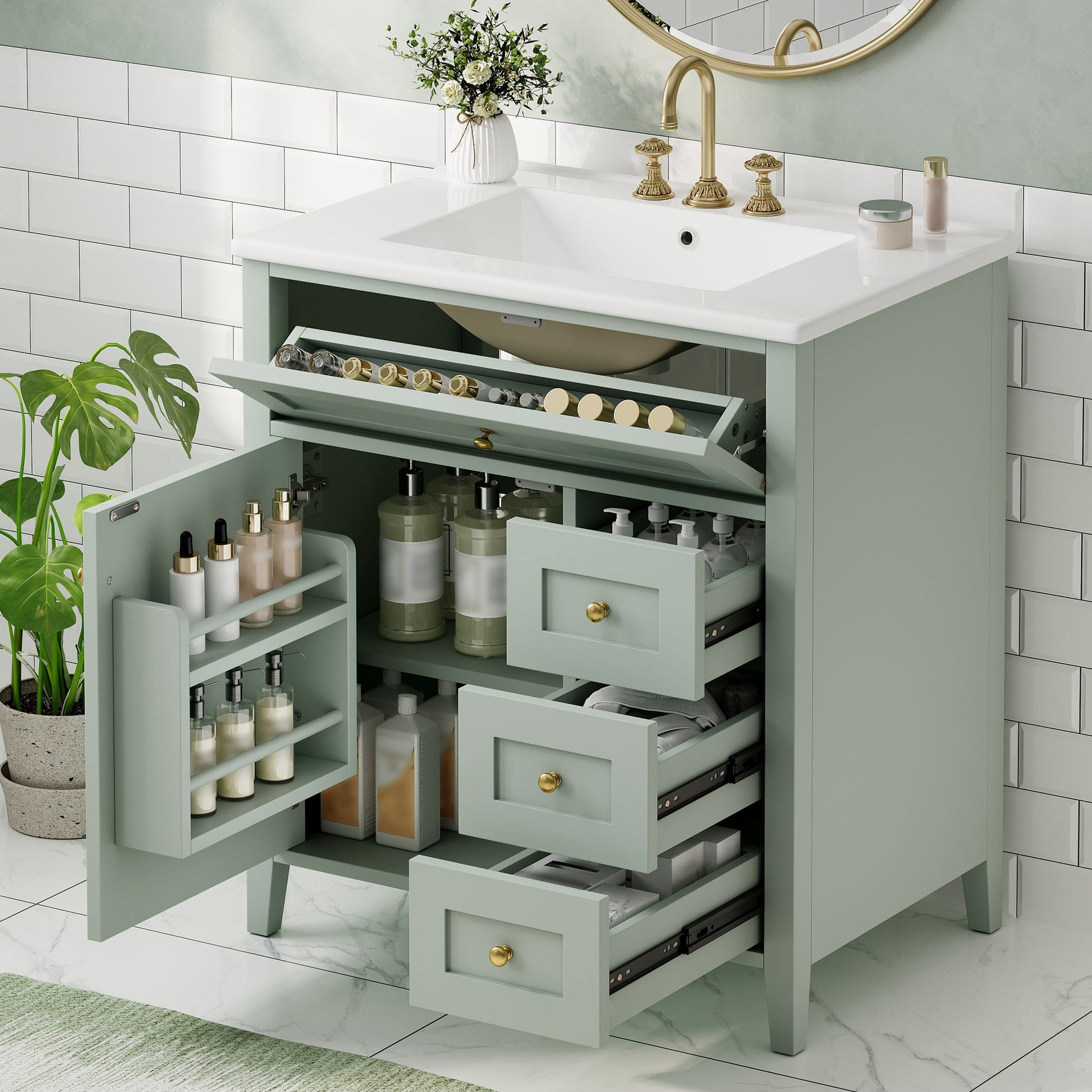 Bathroom Vanity With Sink, 3 Drawers And Adjustable Shelf