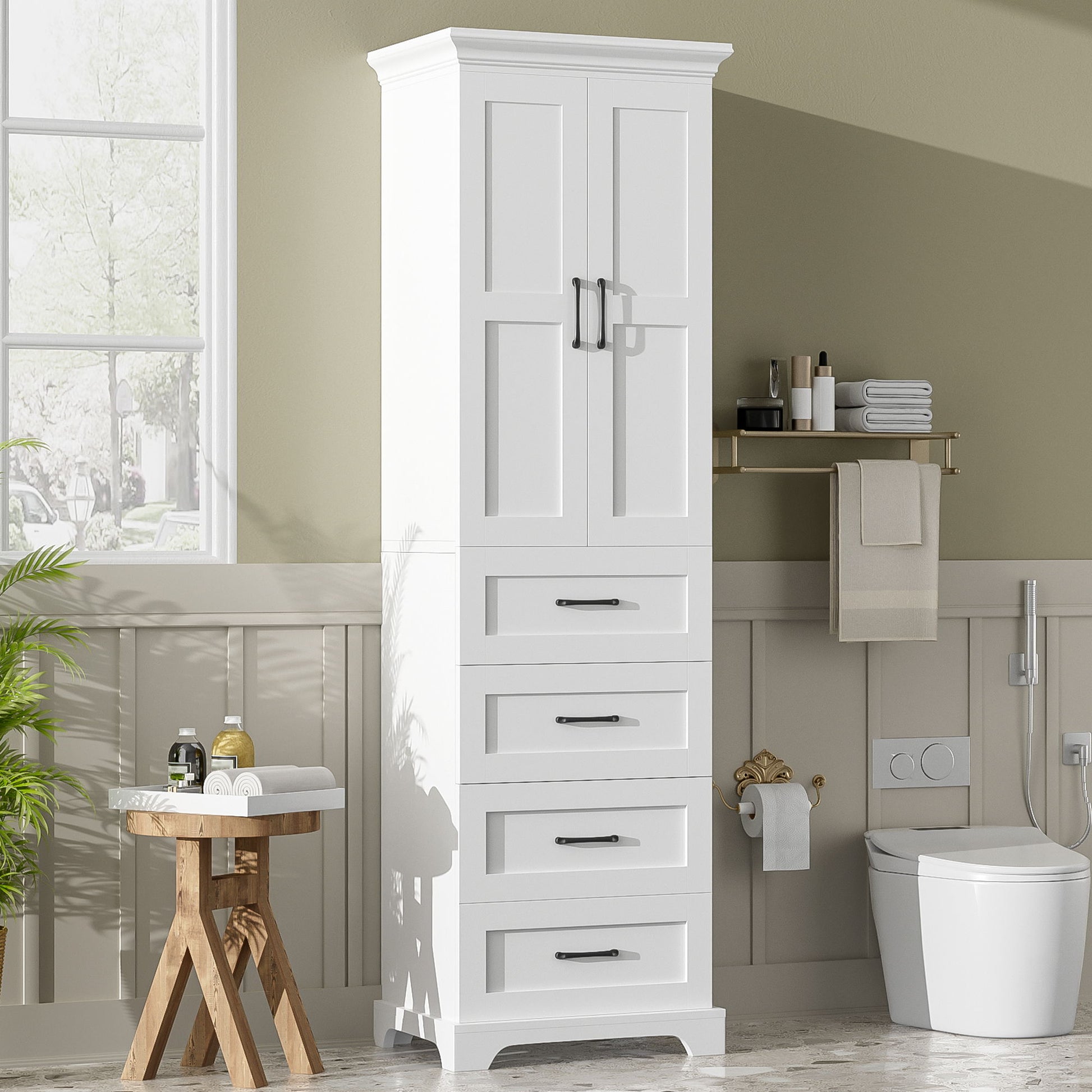 Bathroom Vanity With 2 Damping Hinge Doors, 3 Drawers, Adjustable Shelves - White