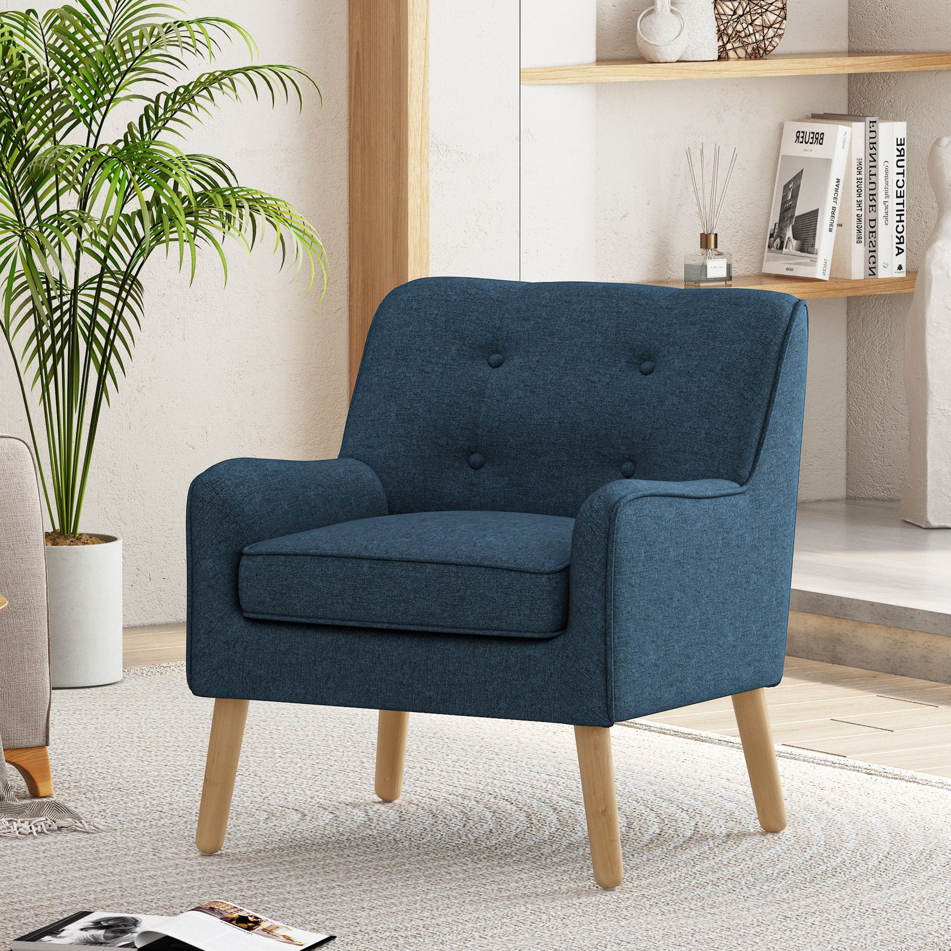 Modern Arm Chair With Tufted Back And Wooden Legs