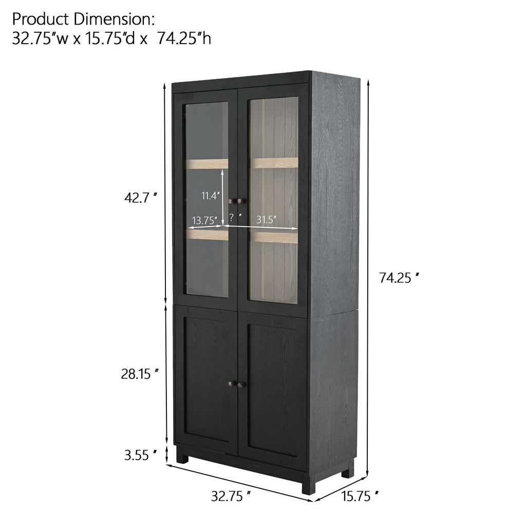 Mid Century Modern Style Tall Display Cabinet With Glass Doors For Collectibles - Black