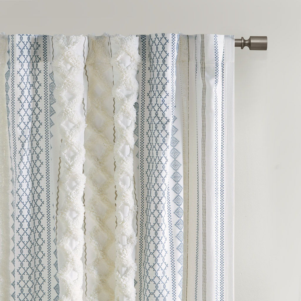 Imani - 50x108" Printed Curtain Panel With Stripe And Lining - White / Navy