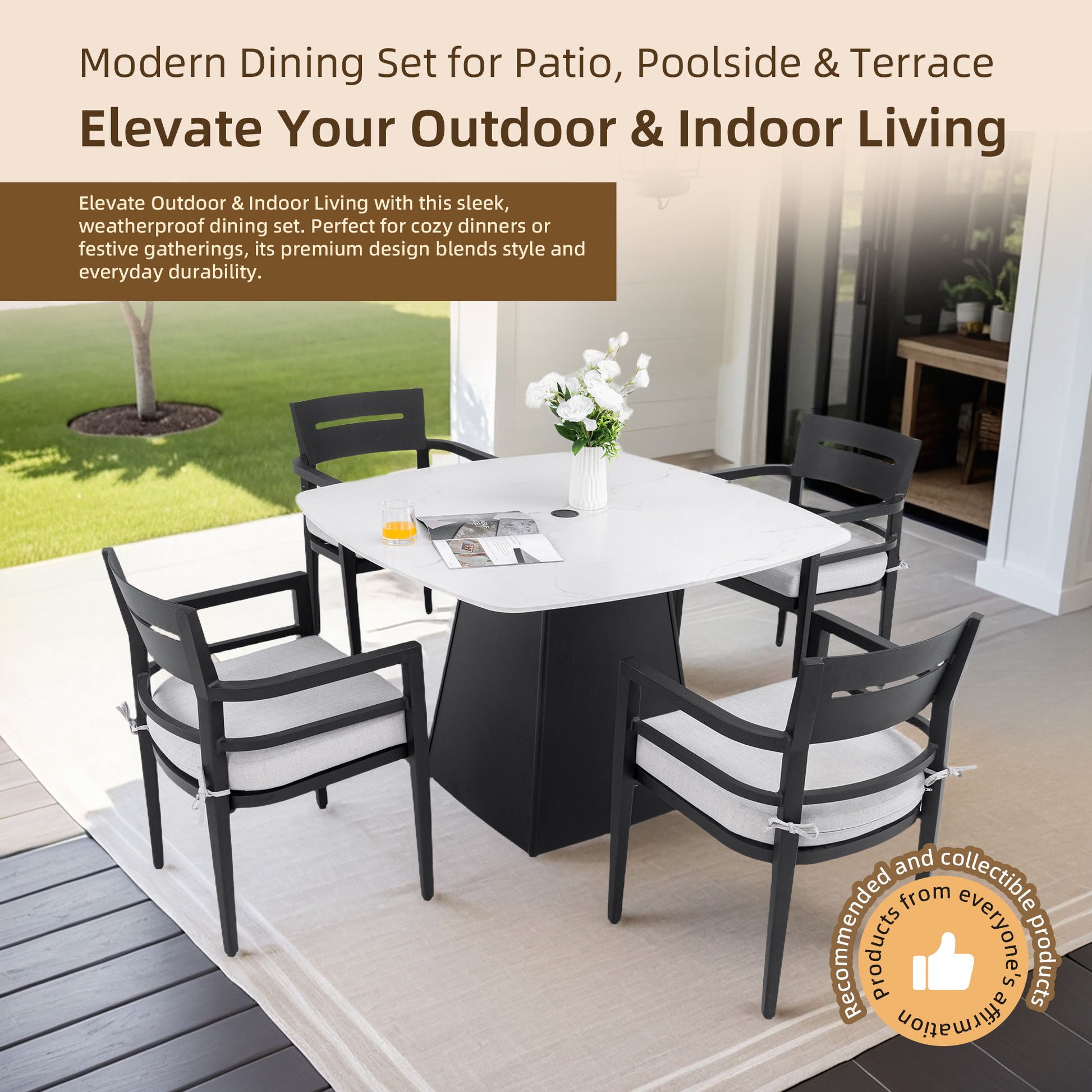 Outdoor Patio Dining Set, Squircle Dining Table, Dining Chairs With Sunbrella Cushions
