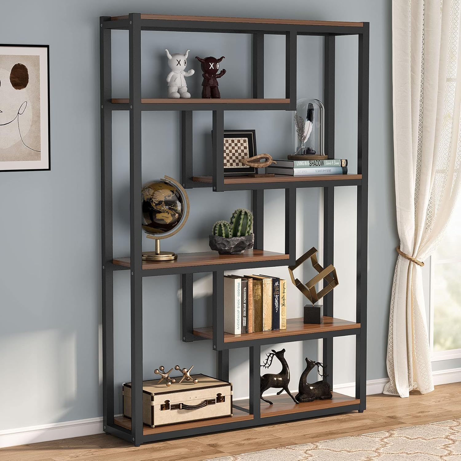 6 Tier Etagere Bookcase With Asymmetrical Shelves For Living Room