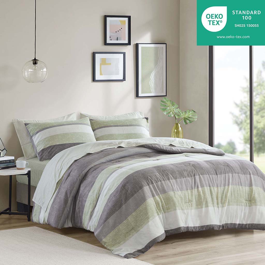 Jaxon - 7 Piece King Stripe Comforter Set With Bed Sheets - Green / Gray