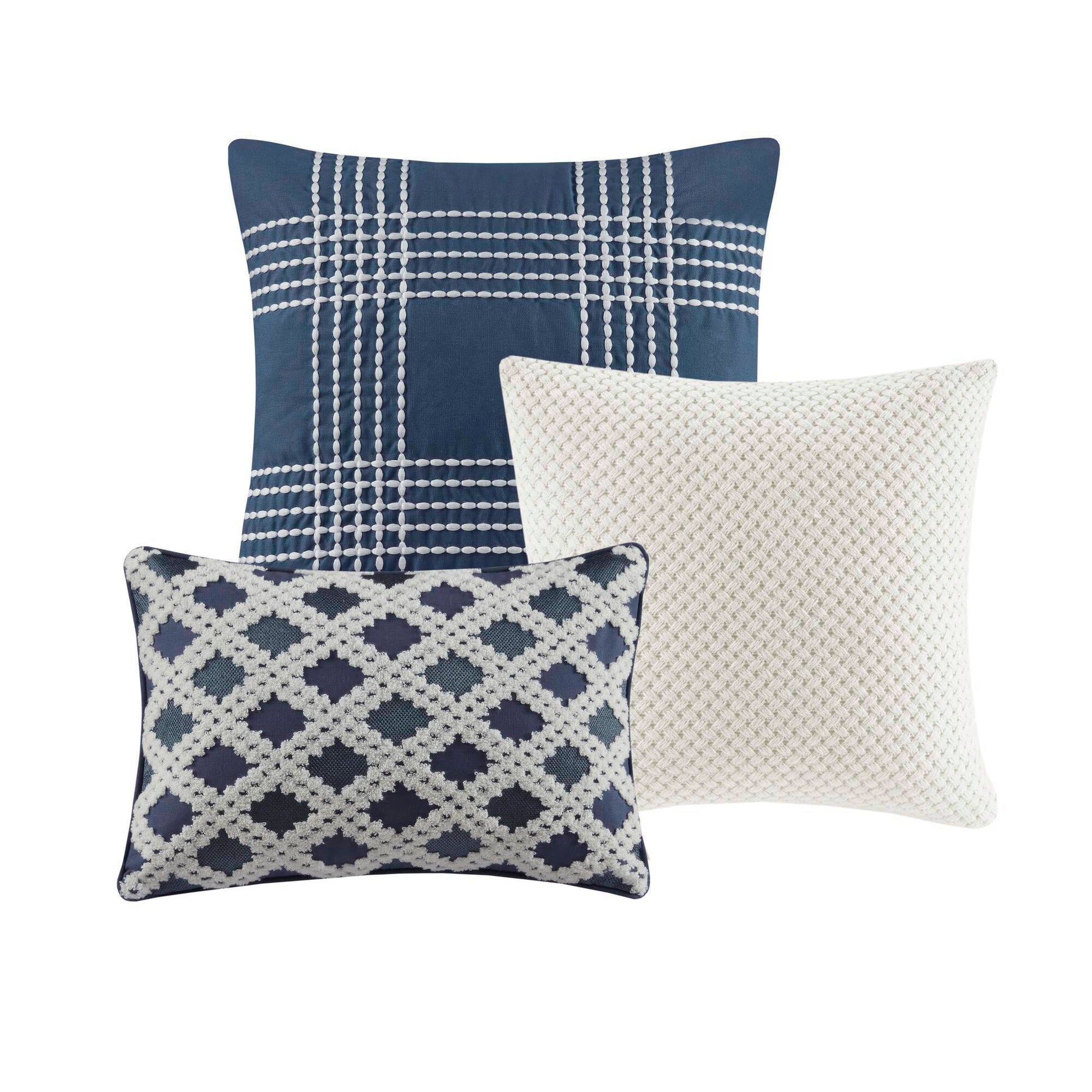 Essence - Oversized Cotton Clipped Jacquard Comforter Set With Euro Shams and Throw Pillows - Light Blue