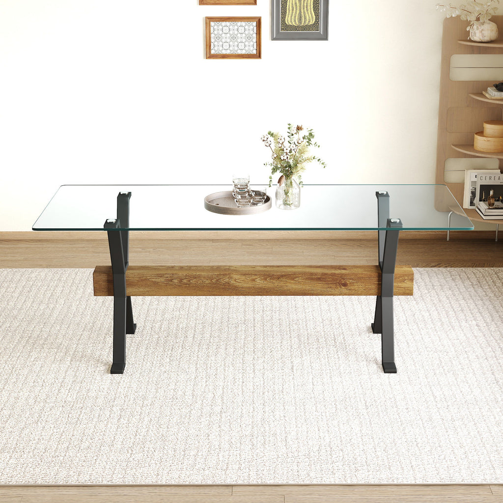 Elegant Tempered Glass Dining Table With X Shaped Metal Legs And Wood Grain Crossbeam - Black / Transparent