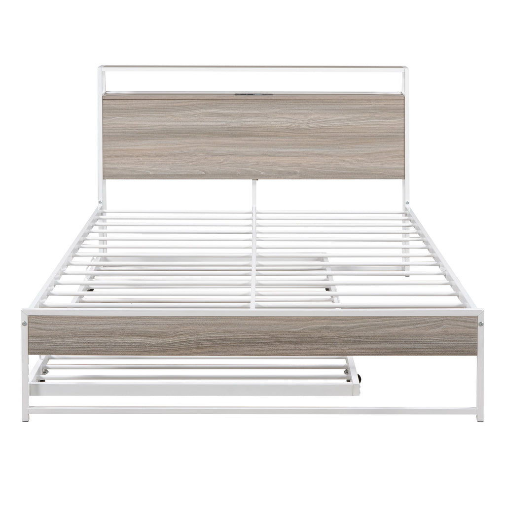 Platform Bed Frame With Trundle, USB Ports And Slat Support, No Box Spring Needed