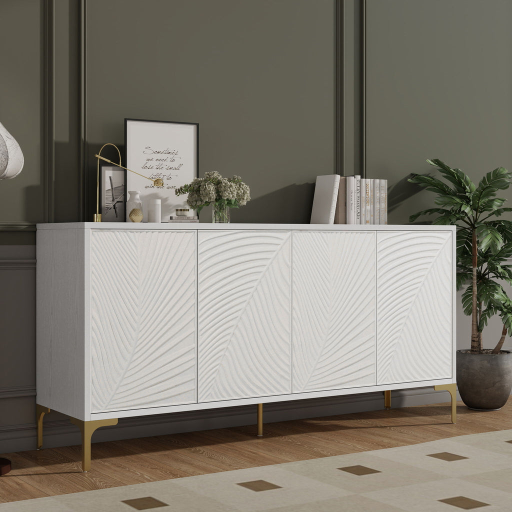 Modern 4 Door Sideboard With Creative Carved Surface And Adjustable Shelves