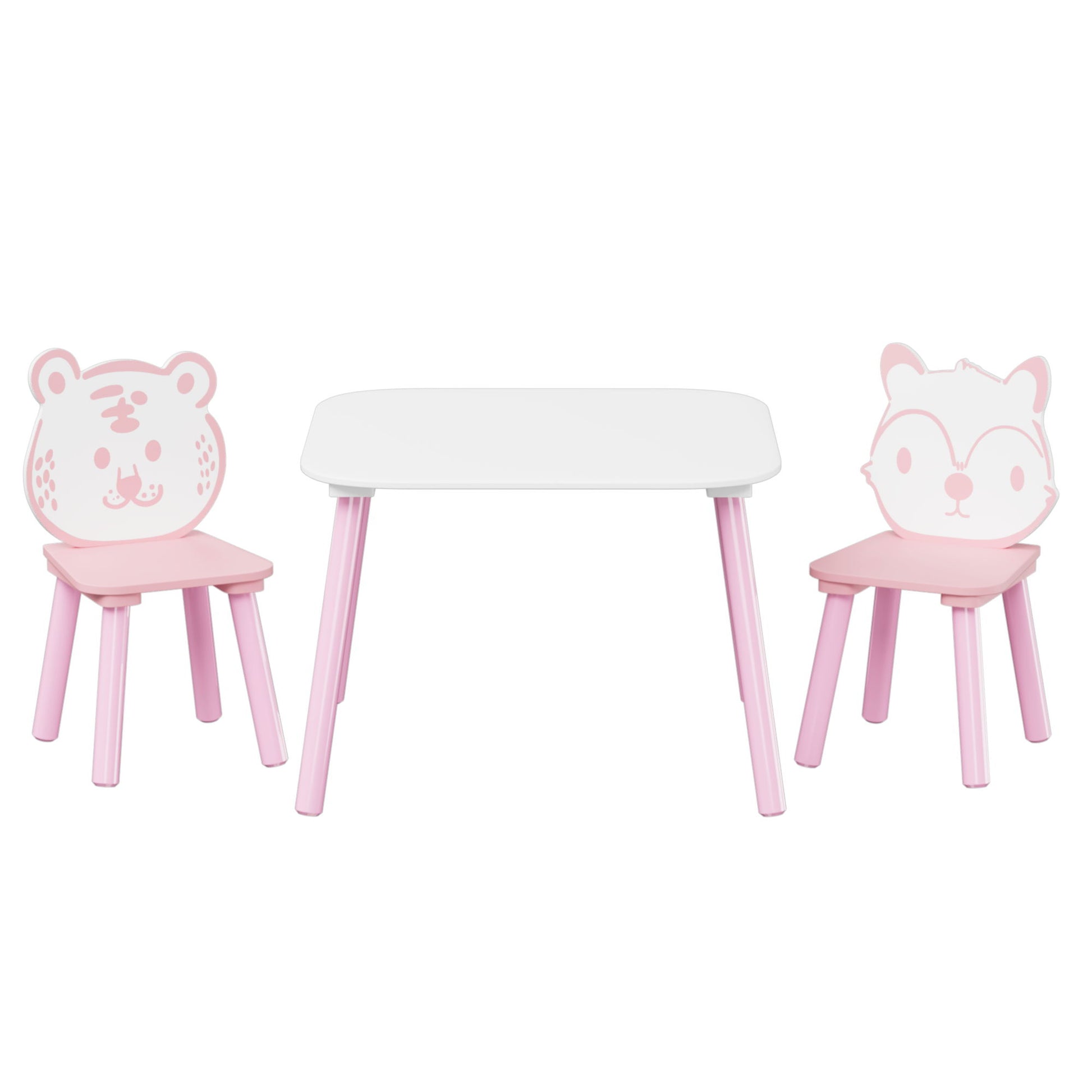 Table And Chair Set, 3 Piece Wooden Toddler Desk With Animal Backrest - Pink / White
